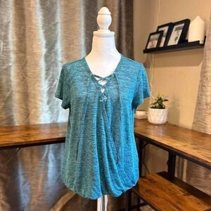 Y2K Juicy Couture teal front knit top,‎ faux wrap.